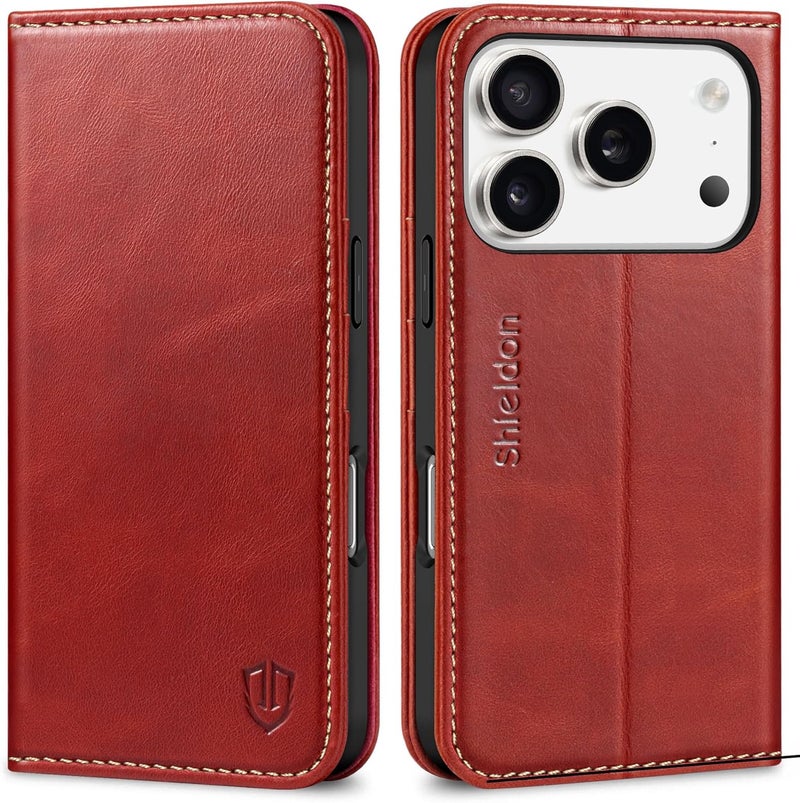 SHIELDON Genuine Leather Case Wallet for iPhone 17 Pro 6.3-inch 2025 | Book Design | Magnetic | Kickstand | RFID Blocking Credit Card Holder | Soft Shockproof Phone Cover | Retro Red - Image 1